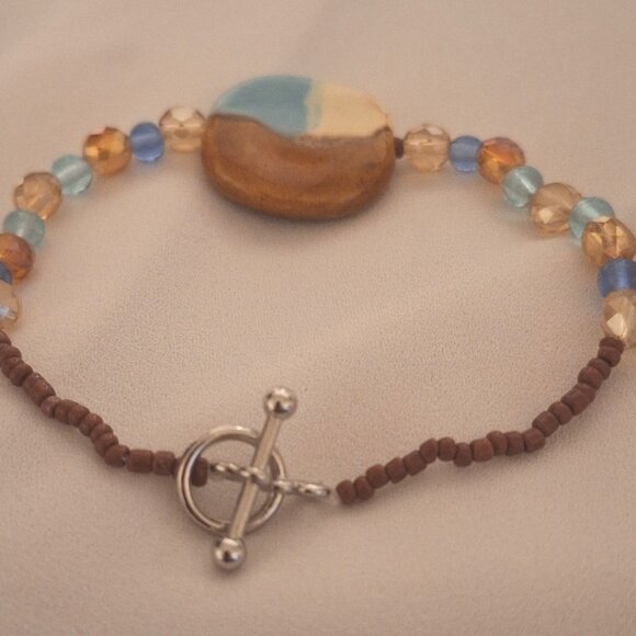 Artisan Beaded Kazuri Ceramic Bead and Blue Brown Glass Crystal Bracelet - Picture 6 of 6